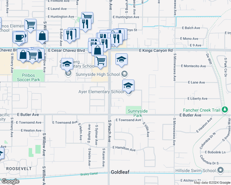 map of restaurants, bars, coffee shops, grocery stores, and more near 5206 East Liberty Avenue in Fresno