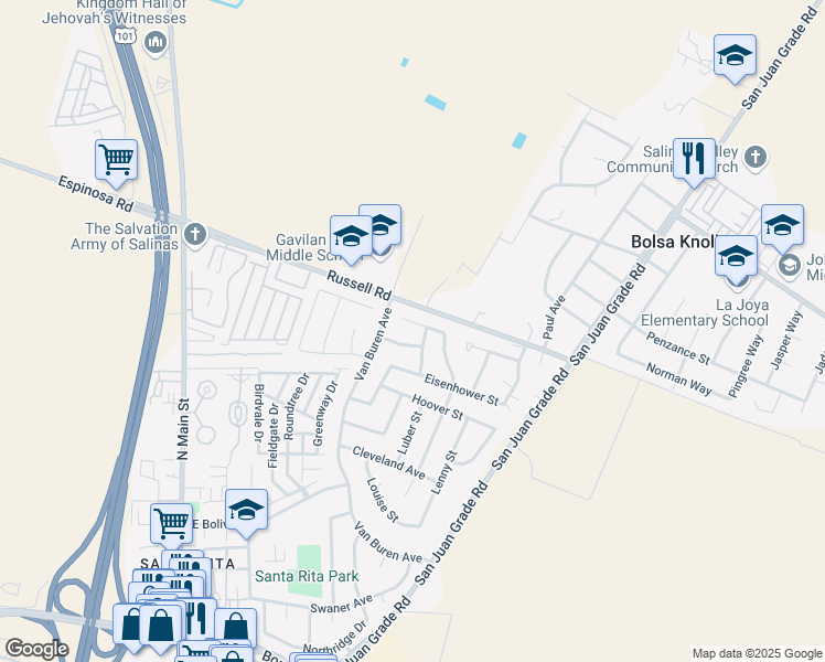 map of restaurants, bars, coffee shops, grocery stores, and more near 12919 Truman Street in Salinas