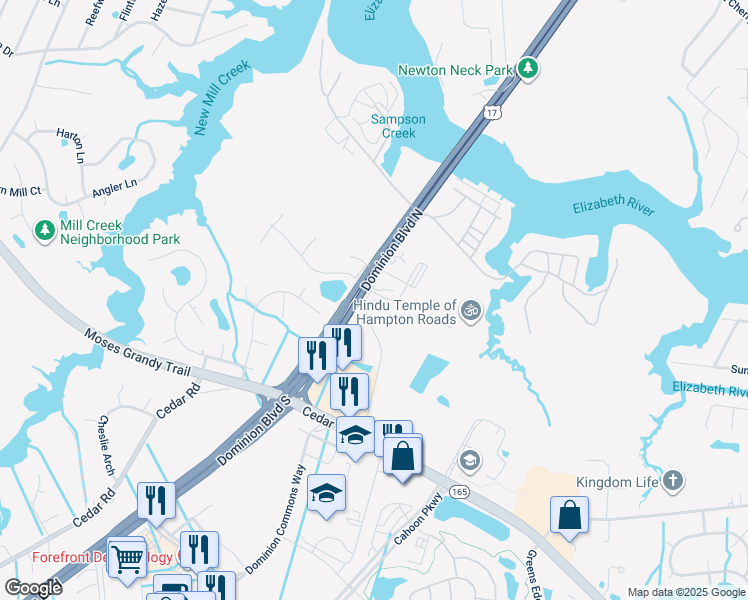 map of restaurants, bars, coffee shops, grocery stores, and more near 233 Sampson Creek Road in Chesapeake