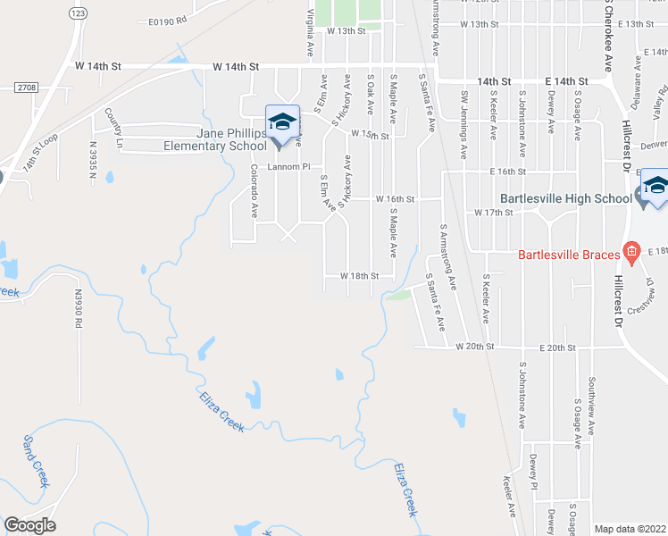 map of restaurants, bars, coffee shops, grocery stores, and more near 1669 South Hickory Avenue in Bartlesville