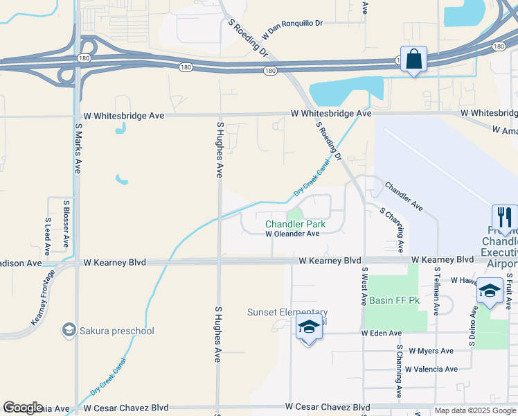 map of restaurants, bars, coffee shops, grocery stores, and more near 1888 West La Sierra Drive in Fresno