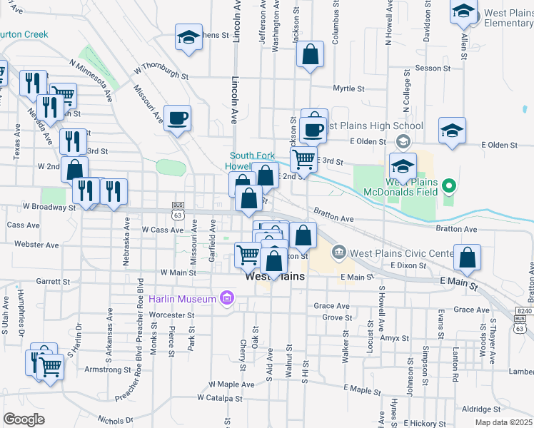 map of restaurants, bars, coffee shops, grocery stores, and more near U.S. 63 Business in West Plains