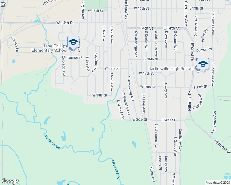 map of restaurants, bars, coffee shops, grocery stores, and more near 1672 South Maple Avenue in Bartlesville