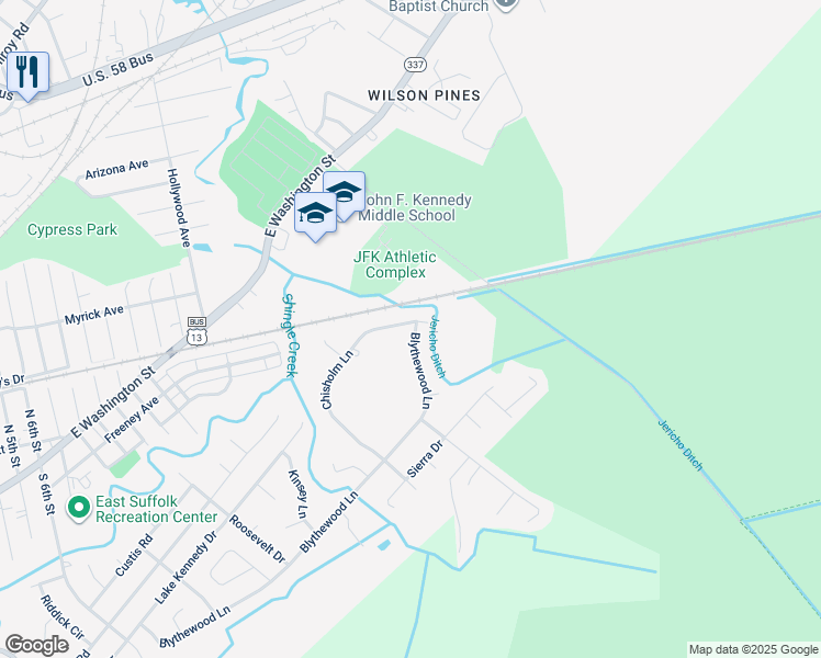 map of restaurants, bars, coffee shops, grocery stores, and more near 508 Chisholm Lane in Suffolk