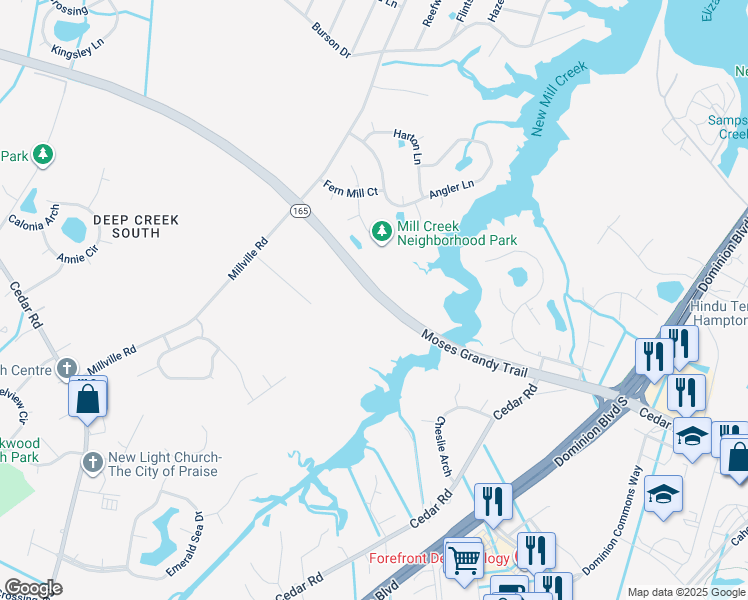 map of restaurants, bars, coffee shops, grocery stores, and more near 1929 Moses Grandy Trail in Chesapeake