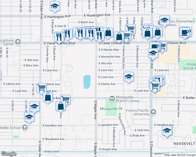 map of restaurants, bars, coffee shops, grocery stores, and more near 4604 East Lowe Avenue in Fresno