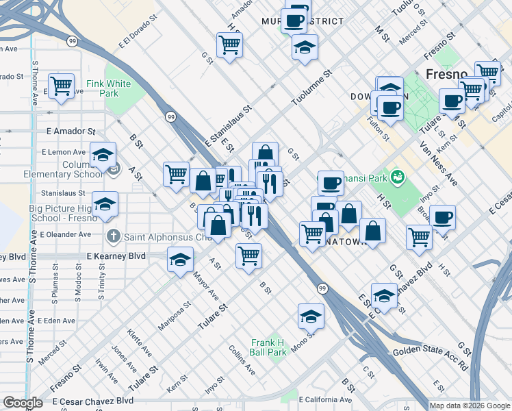 map of restaurants, bars, coffee shops, grocery stores, and more near in Fresno