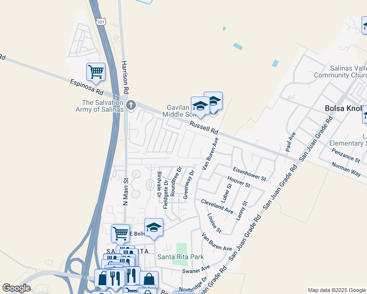 map of restaurants, bars, coffee shops, grocery stores, and more near 18468 Kennedy Street in Salinas