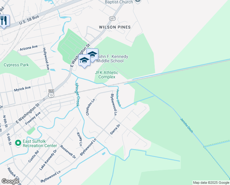 map of restaurants, bars, coffee shops, grocery stores, and more near 1419 Blythewood Lane in Suffolk