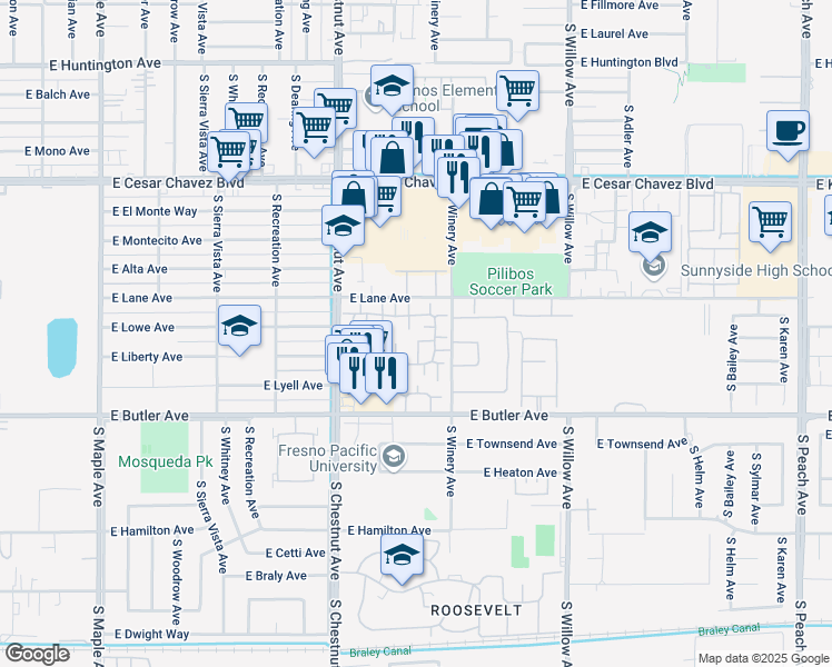 map of restaurants, bars, coffee shops, grocery stores, and more near 1190 South Winery Avenue in Fresno