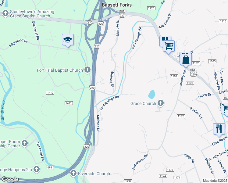 map of restaurants, bars, coffee shops, grocery stores, and more near 556 Melrose Drive in Bassett