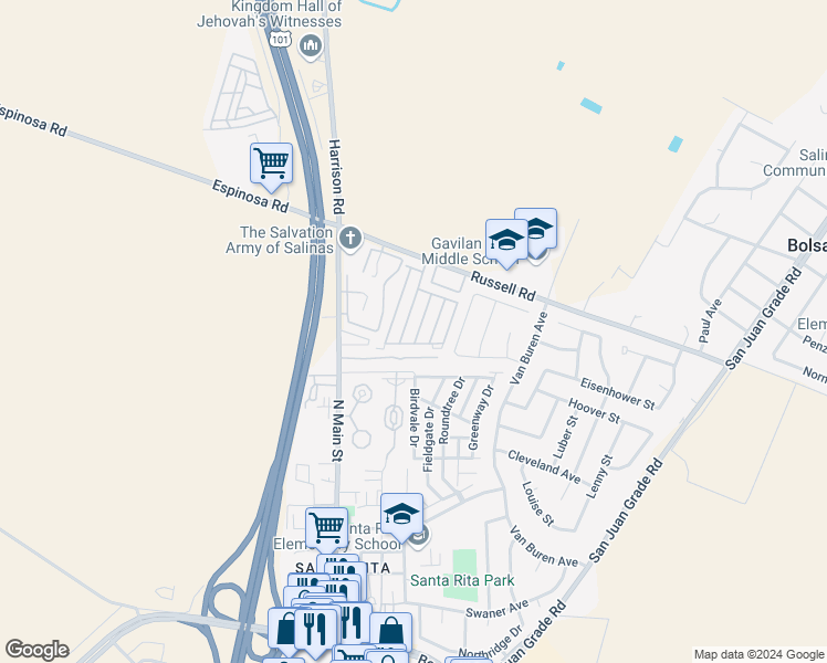 map of restaurants, bars, coffee shops, grocery stores, and more near 20 Russell Road in Salinas