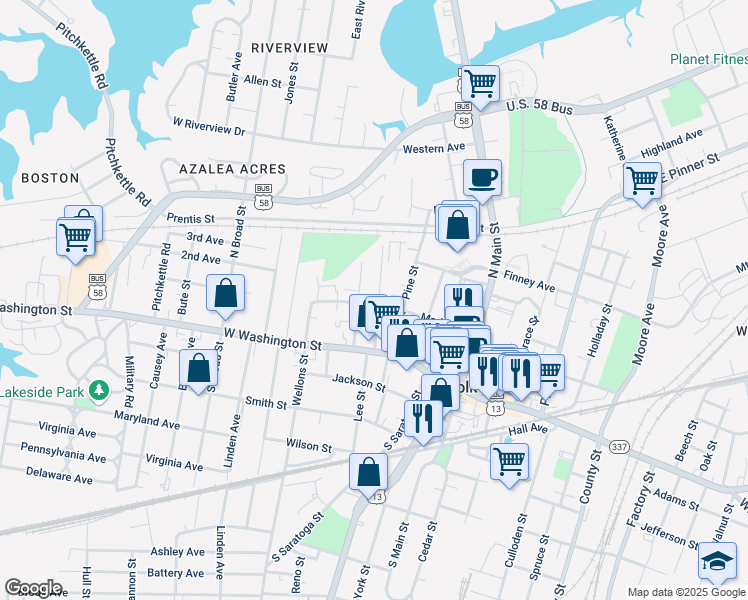 map of restaurants, bars, coffee shops, grocery stores, and more near 123 Chestnut Street in Suffolk