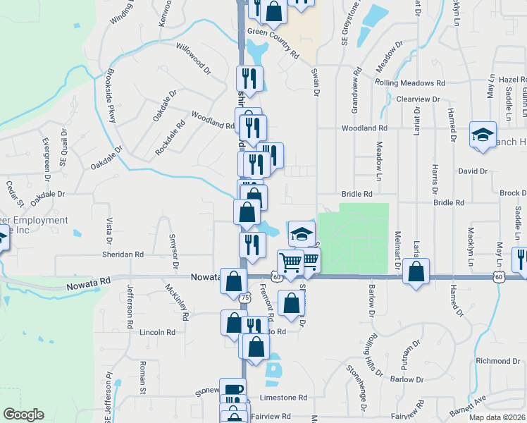 map of restaurants, bars, coffee shops, grocery stores, and more near 3805 Southeast Washington Boulevard in Bartlesville