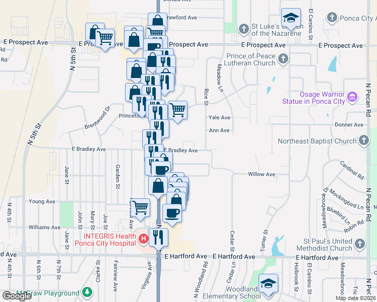 map of restaurants, bars, coffee shops, grocery stores, and more near 1500 East Bradley Avenue in Ponca City