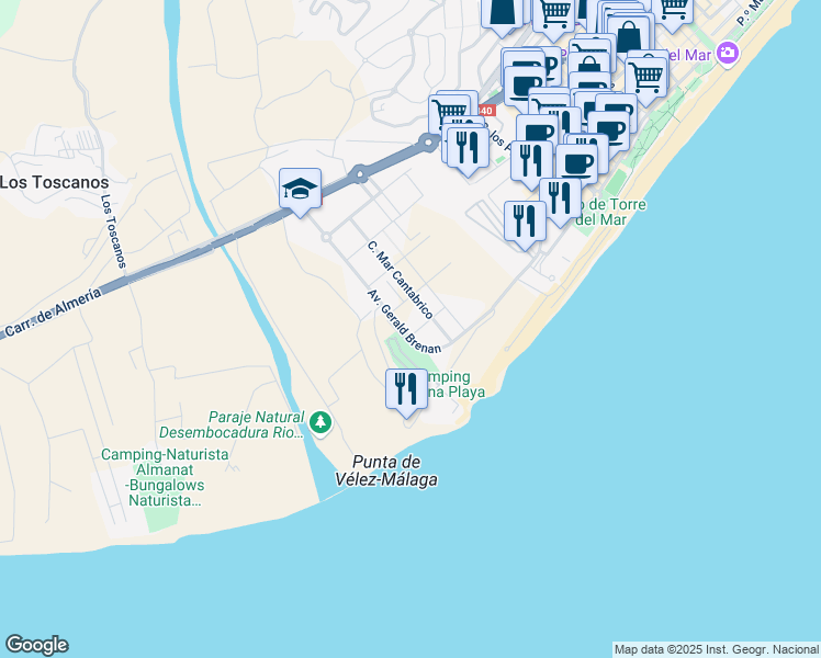 map of restaurants, bars, coffee shops, grocery stores, and more near 69 Paseo Marítimo de Poniente in Torre del Mar