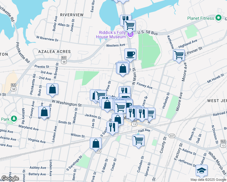 map of restaurants, bars, coffee shops, grocery stores, and more near 230 Clay Street in Suffolk
