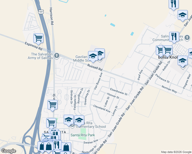 map of restaurants, bars, coffee shops, grocery stores, and more near 12918 Kennedy Circle in Salinas