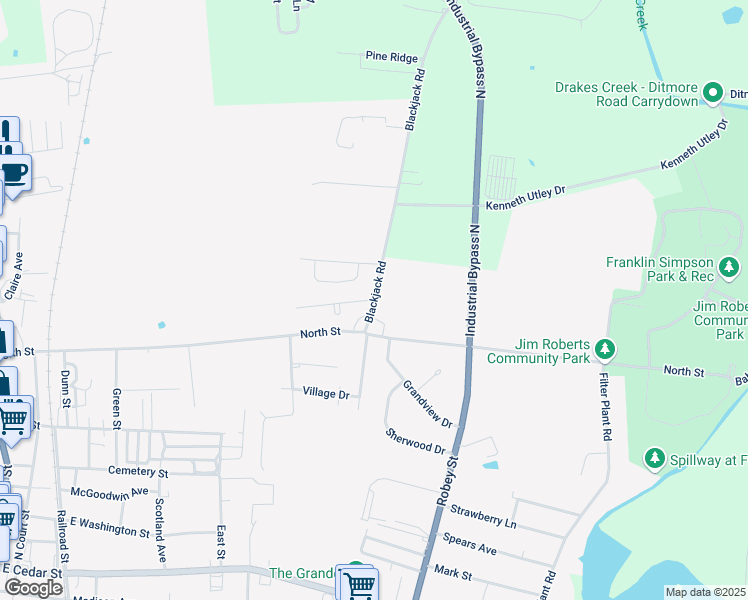 map of restaurants, bars, coffee shops, grocery stores, and more near 608 Blackjack Road in Franklin