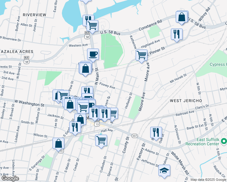 map of restaurants, bars, coffee shops, grocery stores, and more near 307 Hill Street in Suffolk