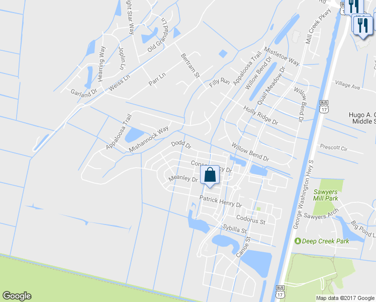 map of restaurants, bars, coffee shops, grocery stores, and more near 3305 Dodd Drive in Chesapeake
