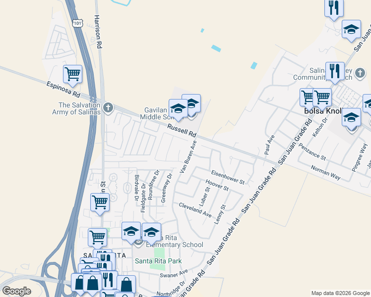 map of restaurants, bars, coffee shops, grocery stores, and more near 12918 Kennedy Circle in Salinas