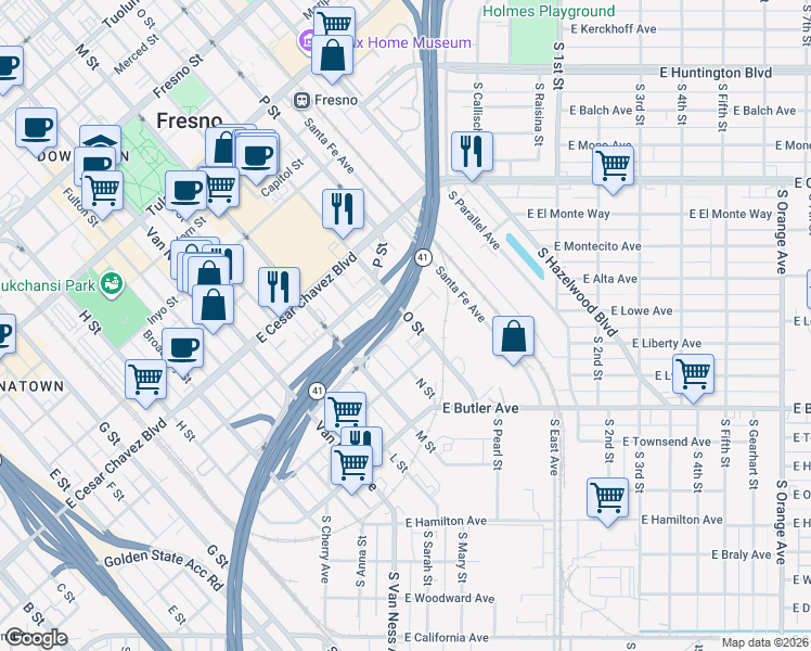 map of restaurants, bars, coffee shops, grocery stores, and more near 339 P Street in Fresno