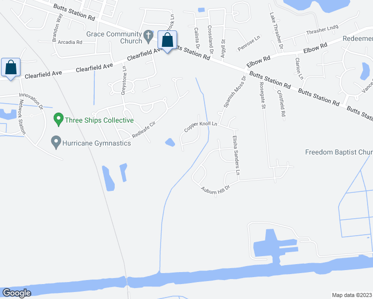 map of restaurants, bars, coffee shops, grocery stores, and more near 1203 Copper Knoll Lane in Chesapeake