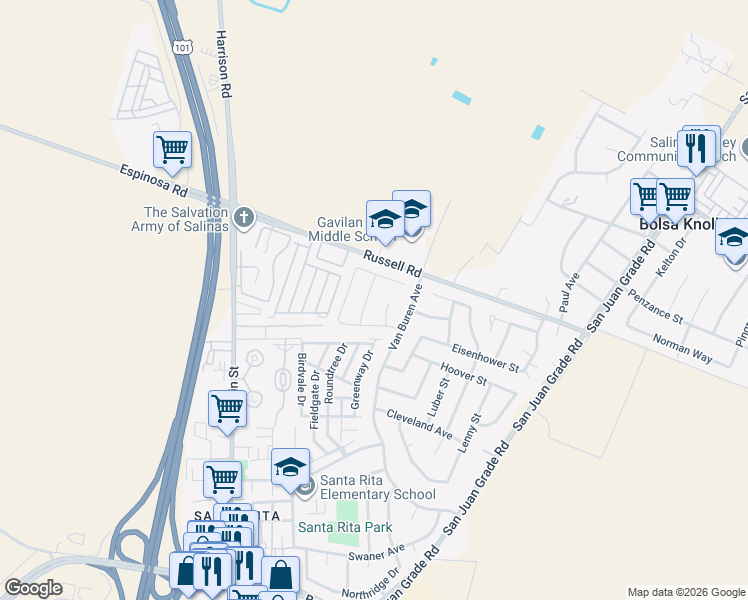 map of restaurants, bars, coffee shops, grocery stores, and more near 12901 Buchanan Way in Salinas
