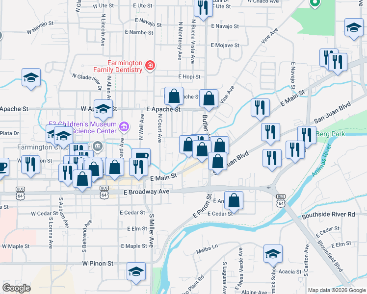 map of restaurants, bars, coffee shops, grocery stores, and more near 500-598 East La Plata Street in Farmington