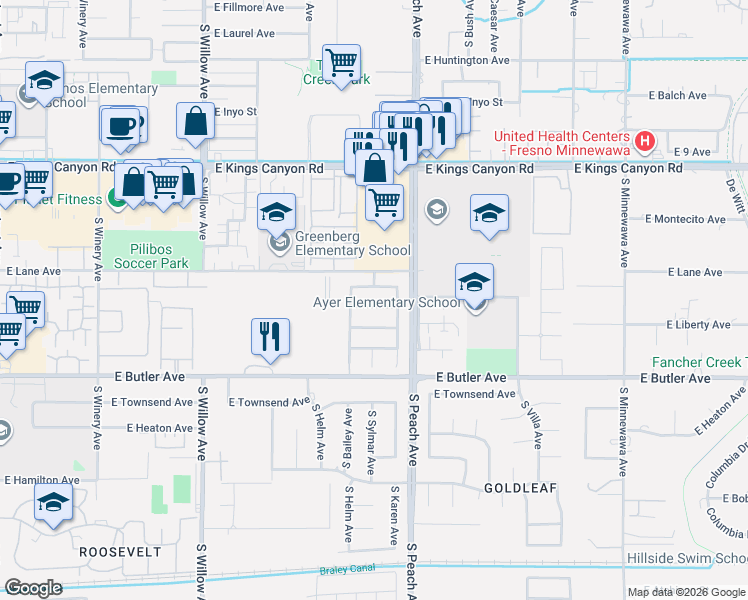 map of restaurants, bars, coffee shops, grocery stores, and more near 5173 East Lowe Avenue in Fresno