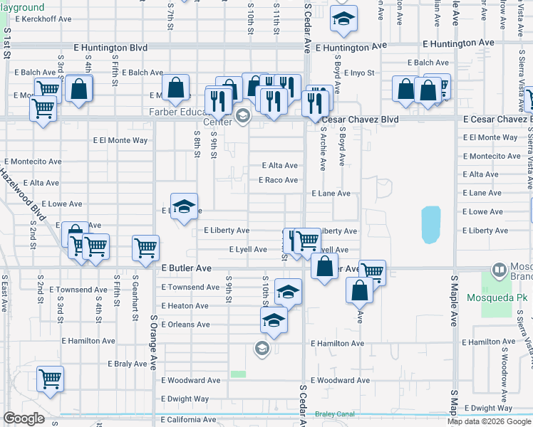 map of restaurants, bars, coffee shops, grocery stores, and more near 4046 East Lane Avenue in Fresno
