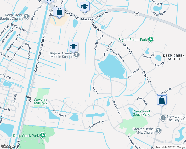 map of restaurants, bars, coffee shops, grocery stores, and more near 513 Creekwood Drive in Chesapeake