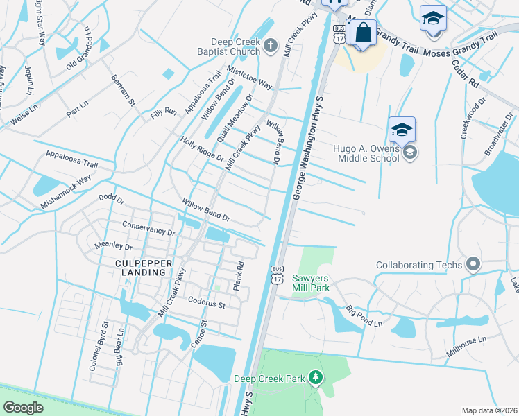 map of restaurants, bars, coffee shops, grocery stores, and more near 3113 Misty Hollow Court in Chesapeake