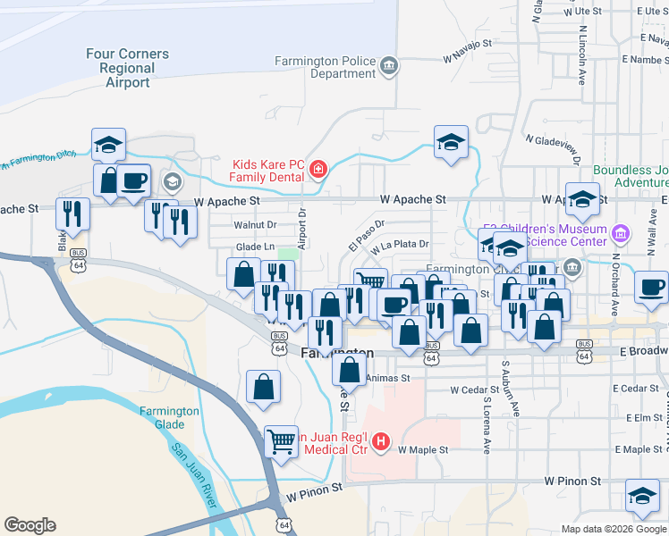map of restaurants, bars, coffee shops, grocery stores, and more near 211 El Paso Drive in Farmington