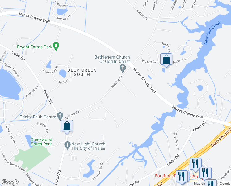 map of restaurants, bars, coffee shops, grocery stores, and more near 2113 Millville Road in Chesapeake