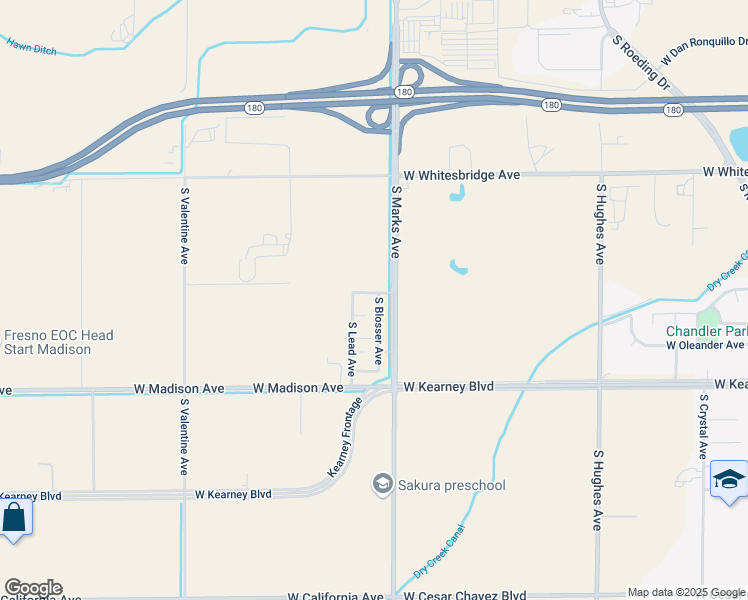 map of restaurants, bars, coffee shops, grocery stores, and more near 3044 West Chandler Avenue in Fresno