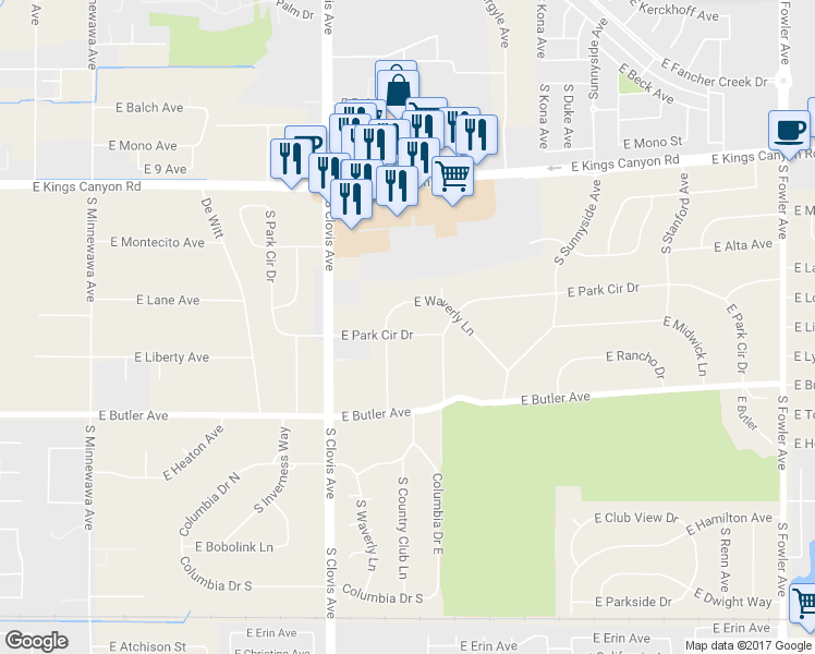 map of restaurants, bars, coffee shops, grocery stores, and more near 5656 East Waverly Lane in Fresno