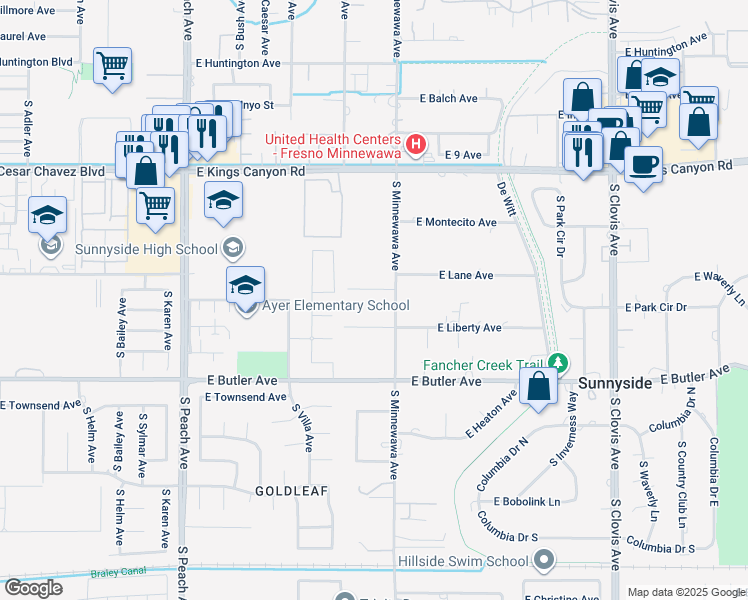 map of restaurants, bars, coffee shops, grocery stores, and more near 5373 East Lowe Avenue in Fresno