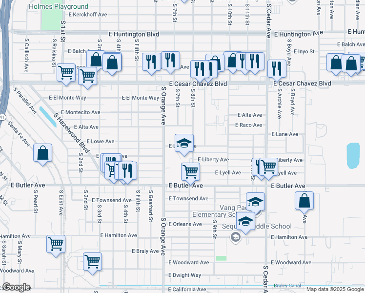 map of restaurants, bars, coffee shops, grocery stores, and more near 1052 South 8th Street in Fresno
