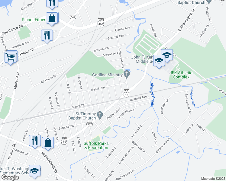 map of restaurants, bars, coffee shops, grocery stores, and more near 317 Bullock Street in Suffolk