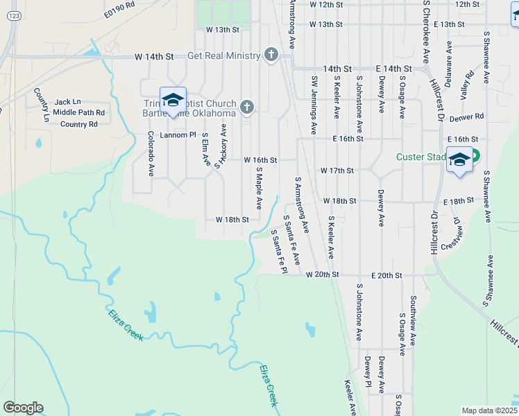 map of restaurants, bars, coffee shops, grocery stores, and more near 1648 South Maple Avenue in Bartlesville