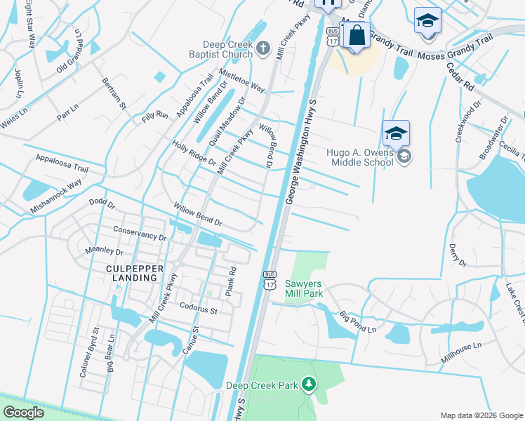 map of restaurants, bars, coffee shops, grocery stores, and more near 510 Willow Bend Drive in Chesapeake