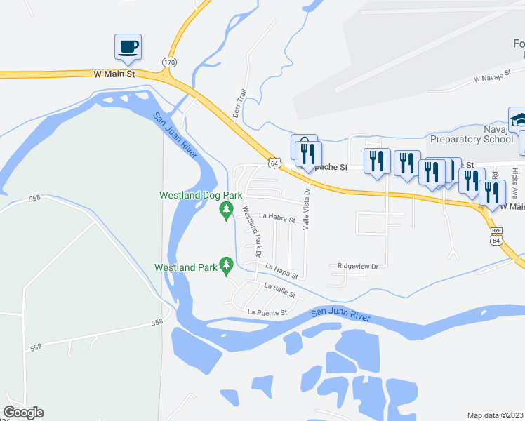map of restaurants, bars, coffee shops, grocery stores, and more near 2808 La Habra Street in Farmington