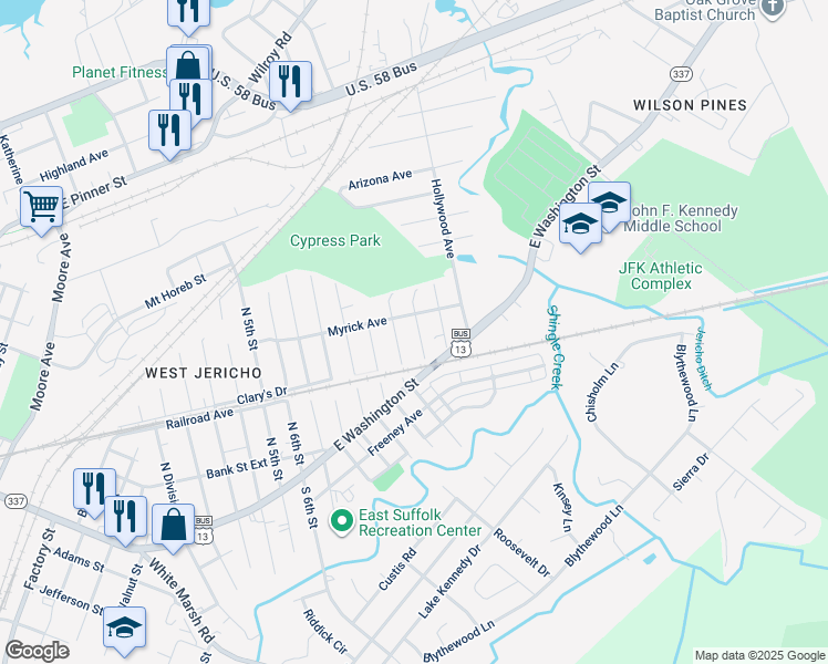 map of restaurants, bars, coffee shops, grocery stores, and more near 317 Bullock Street in Suffolk