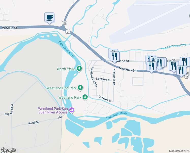map of restaurants, bars, coffee shops, grocery stores, and more near 2812 La Habra Street in Farmington