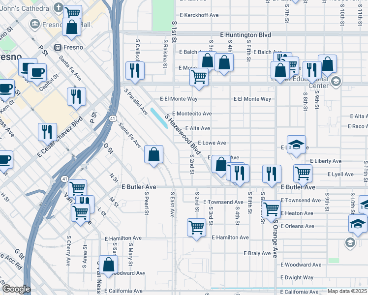 map of restaurants, bars, coffee shops, grocery stores, and more near 3121 East Lowe Avenue in Fresno