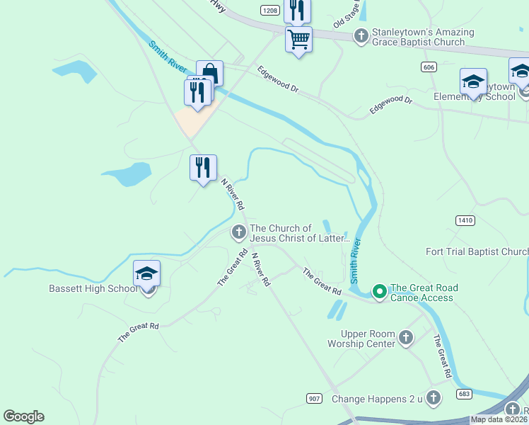 map of restaurants, bars, coffee shops, grocery stores, and more near 96 Riverside Drive in Bassett