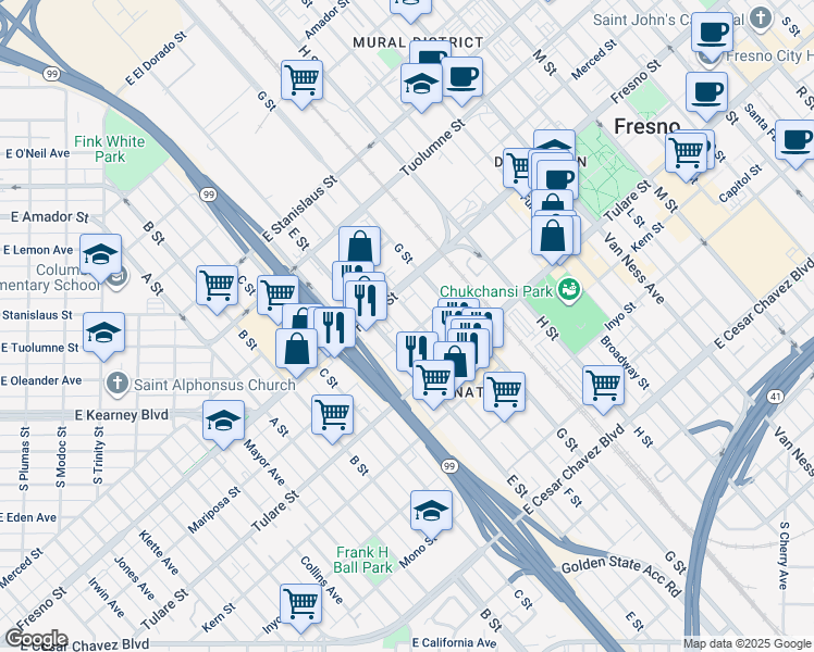 map of restaurants, bars, coffee shops, grocery stores, and more near 1441 Mariposa Street in Fresno