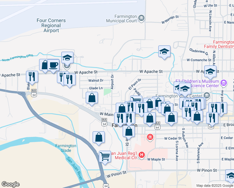 map of restaurants, bars, coffee shops, grocery stores, and more near 217 El Paso Drive in Farmington